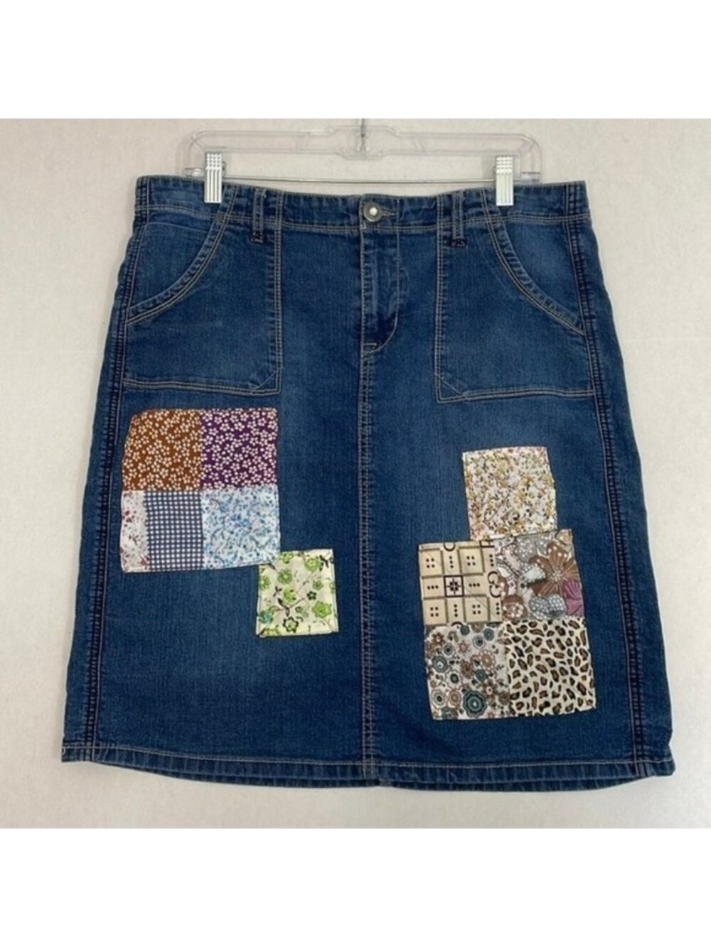 Patchwork Denim Skirt with Pockets, Upcycled Cato, One of a kind, Blue, 14